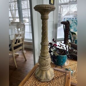 Vintage Tall Traditional Antiqued Finish Pillar Carved Resin Decor Candle Holder